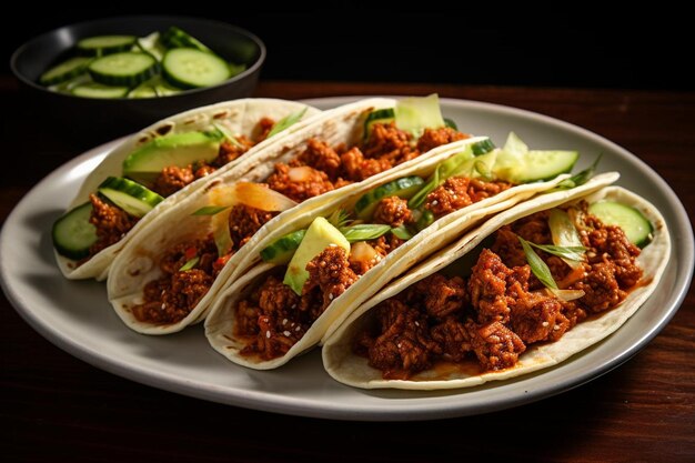 Tacos piccanti di carne di maiale al barbecue coreano con insalata di kimchi