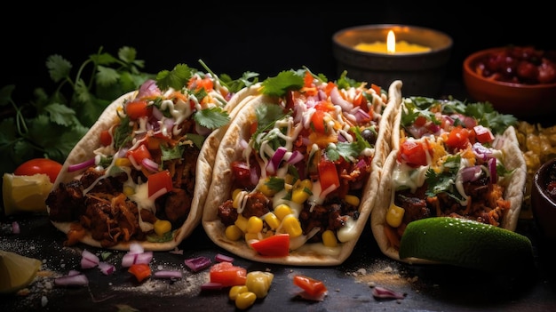 Tacos ripieni di carne di verdure e maionese fusa su un tavolo di legno con sfondo sfocato