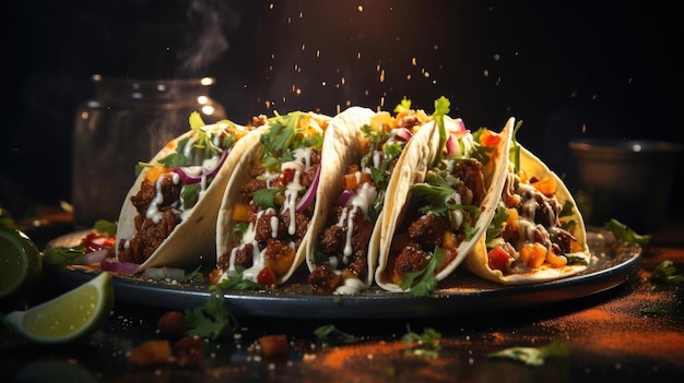 Tacos ripieni di carne di verdure e maionese fusa su un tavolo di legno con sfondo sfocato