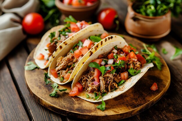 Tacos tradizionali messicani con carne di maiale su un vassoio di legno