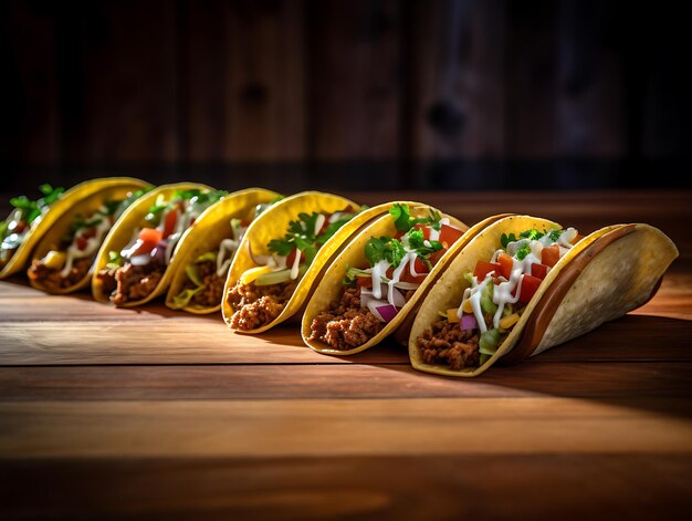 Tacos tradizionali su un tavolo di legno Ai Generative