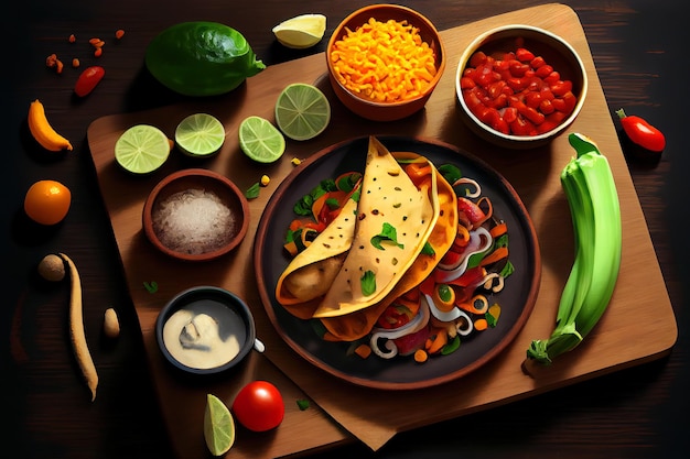 Tacos vegetariani con una varietà di condimenti il concetto di ingredienti freschi Generative Ai