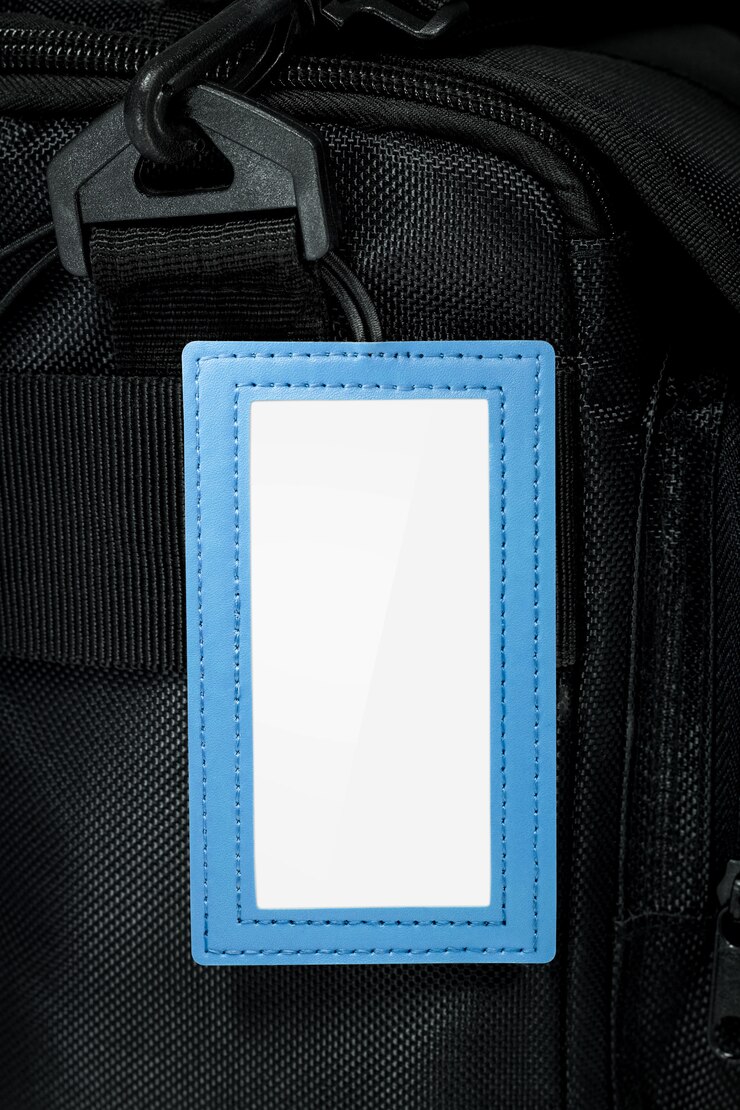 Photo tag gantung kulit biru di latar belakang tas travel. tag nama kosong untuk desain anda.