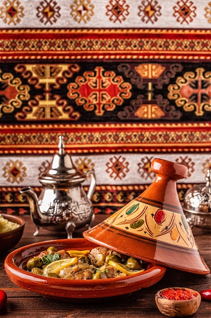 Tagine di pollo tradizionale marocchina con olive e limoni salati