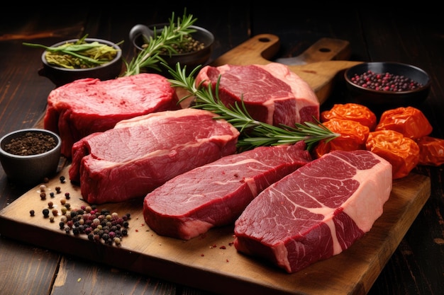 Tagli assortiti di carne di prima scelta Black Angus su tavola di legno