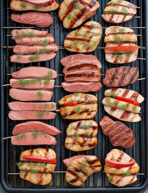 Tagli di carne cruda disposti su un piatto da griglia pronti per la preparazione