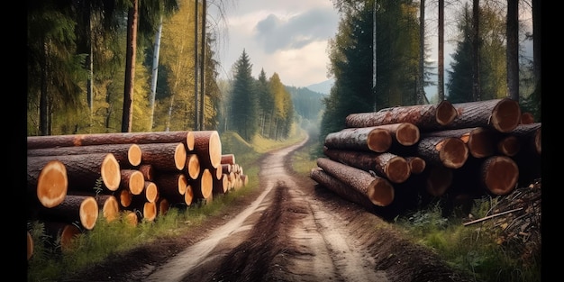 Tagliare i tronchi degli alberi lungo la strada nella foresta