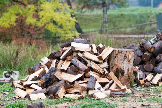 Tagliare i tronchi di legna da ardere. Risorsa rinnovabile di energia. Concetto ambientale. Mucchio di legna da ardere tritata preparata per l'inverno, pronta per essere bruciata