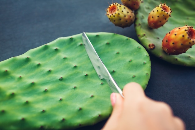 Tagliare le foglie di cactus con fichi d'india o frutti di cactus. Cibo sano esotico su grigio. Vista dall'alto