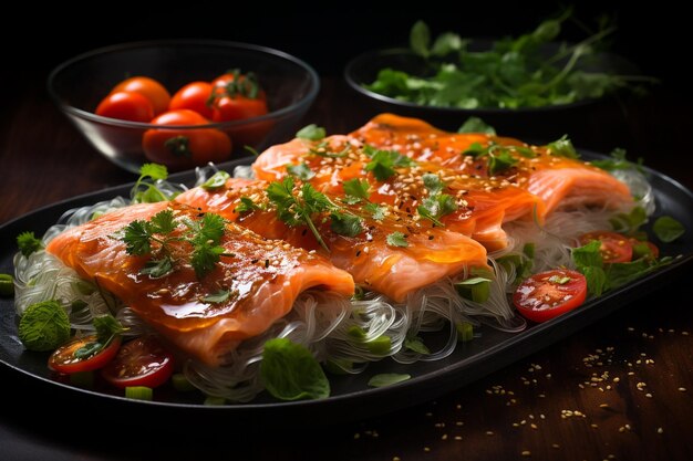 Tagliatelle asiatiche calde di cellophane con verdure e salmone
