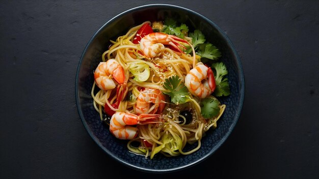 tagliatelle asiatiche con gamberetti e verdure servite in una ciotola su uno sfondo scuro