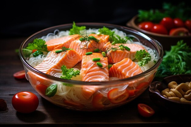 tagliatelle calde di cellophane asiatiche con verdure e salmone