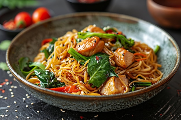 Tagliatelle chow mein asiatiche con carne di pollo e verdure