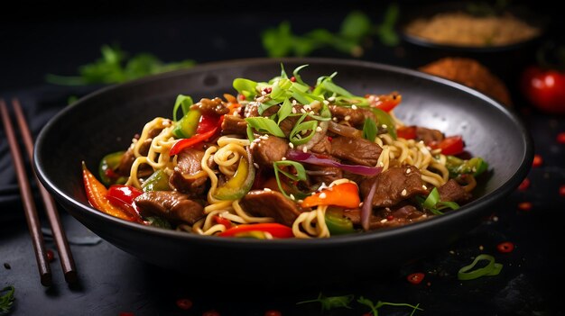 tagliatelle cinesi con manzo e verdure in una ciotola su uno sfondo scuro