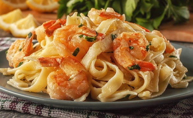 Tagliatelle con gamberi e prezzemolo su un tavolo grigio