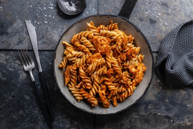 Tagliatelle di maccheroni con carne e salsa di pomodoro servite in padella sul tavolo.