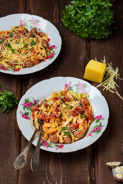 Tagliatelle di pasta fatta in casa con polpette al sugo di pomodoro