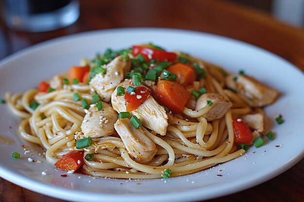 Tagliatelle di pollo chow mein sulla forchetta su un piatto