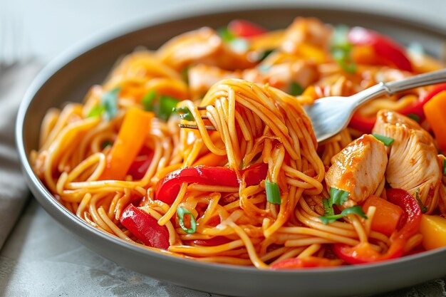 Tagliatelle di pollo chow mein sulla forchetta su un piatto