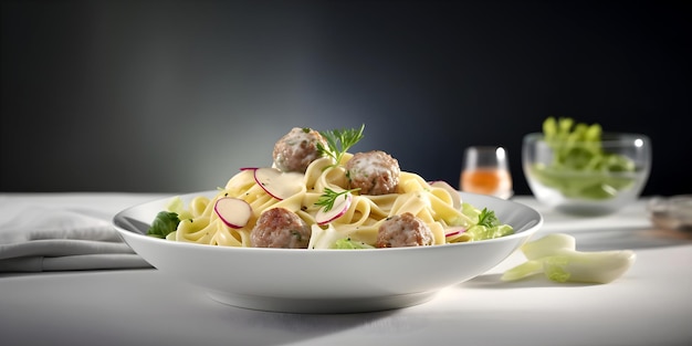 Tagliatelle fatte in casa con polpette di ravanello Cibo italiano AI generato