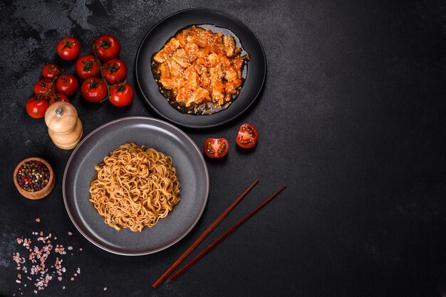 Tagliatelle tailandesi e piatto di pollo su uno sfondo di cemento nero con bacchette cinesi e spazio per la copia