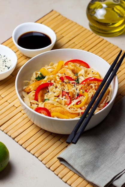 Tagliatelle Udon con pollo, pepe e sesamo. Cibo cinese.