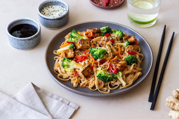 Tagliatelle Udon con tofu broccoli carote pepe e sesamo Alimentazione sana Cibo vegetariano Cibo asiatico