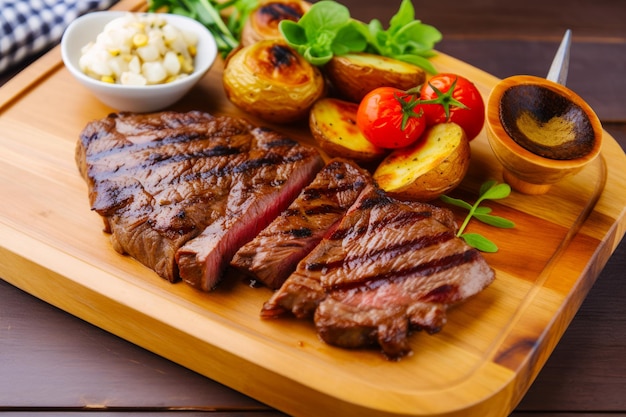 Tagliere di legno condita con bistecca patate pomodori e altri alimenti IA generativa