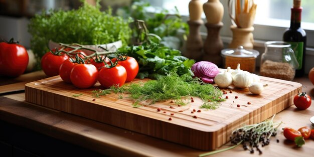 Tagliere di legno di sfondo culinario con verdure tagliate ai generate