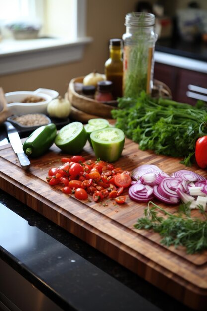 Tagliere di legno di sfondo culinario con verdure tagliate ai generate