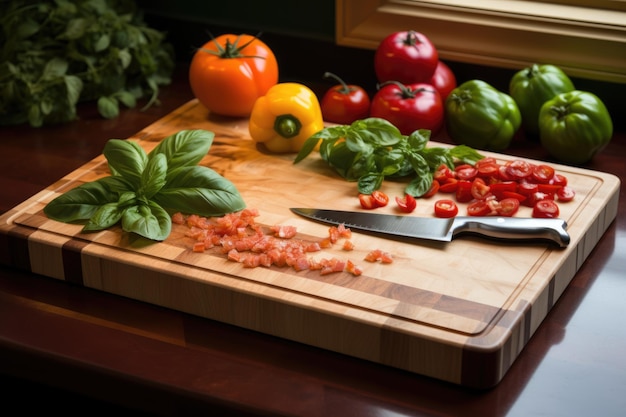 Tagliere di legno di sfondo culinario con verdure tagliate ai generate