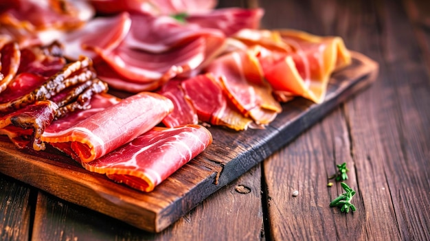 Tagliere in legno carico di carne assortita Una deliziosa esposizione di prosciutto e prosciutto di produzione agricola