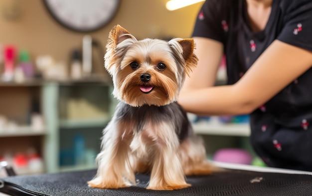 Taglio di capelli alla moda per cagnolino carino da toelettatore professionista