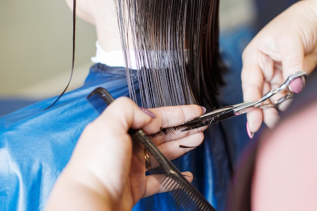 Taglio di capelli nelle mani di un parrucchiere professionista di bellezza che tagliano i capelli castani vicino