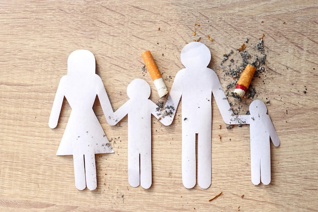 Taglio di carta della famiglia distrutta dalle sigarette Smettere di fumare per tutta la vita il concetto di Giornata mondiale senza tabacco