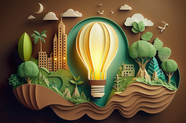 Taglio di carta della lampadina con eco città verde Energia rinnovabile entro il 2050 Energia carbon neutral o emissione di gas a effetto serra CO2 Risparmiare energia concetto di idea creativa Generative Ai