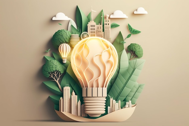 Taglio di carta della lampadina con eco città verde Energia rinnovabile entro il 2050 Energia carbon neutral o emissione di gas a effetto serra CO2 Risparmiare energia concetto di idea creativa Generative Ai