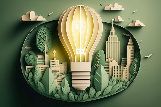 Taglio di carta della lampadina con eco città verde Energia rinnovabile entro il 2050 Energia carbon neutral o emissione di gas a effetto serra CO2 Risparmiare energia concetto di idea creativa