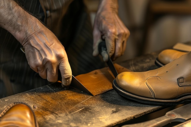 Taglio di pelle da calzolaio per la riparazione di scarpe