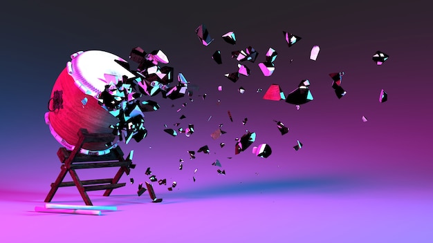 Taiko mezzo distrutto con frammenti che volano via in illuminazione al neon, illustrazione 3d