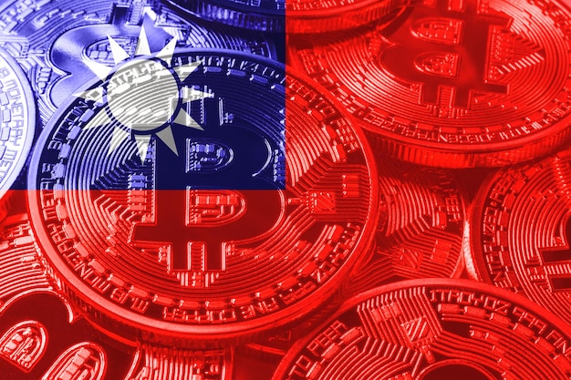 Taiwan bitcoin bandiera, bandiera nazionale criptovaluta concetto sfondo nero