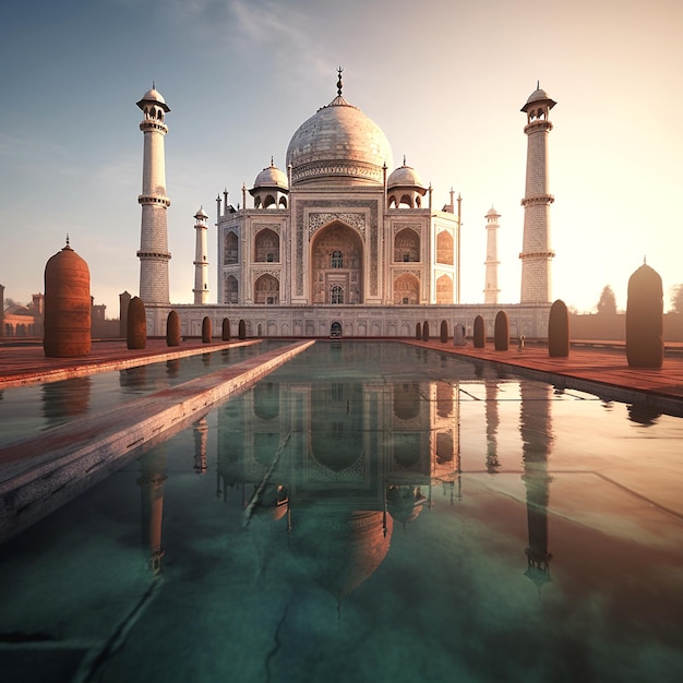 Taj Mahal bianco con un cielo blu