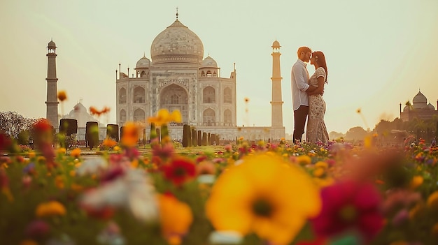 Taj Mahal con coppia e fiore