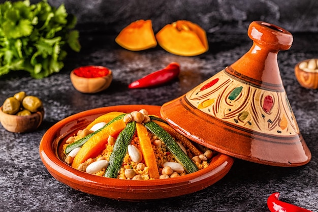 Tajine di verdure con cous cous di mandorle e ceci