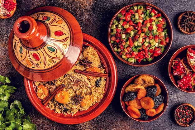 Tajine tradizionale marocchina di pollo con frutta secca e spezie