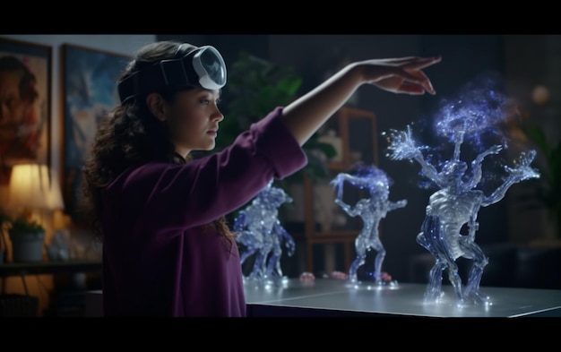 Talentuosa artista femminile che indossa una cuffia per la realtà aumentata che lavora su una scultura astratta 3D
