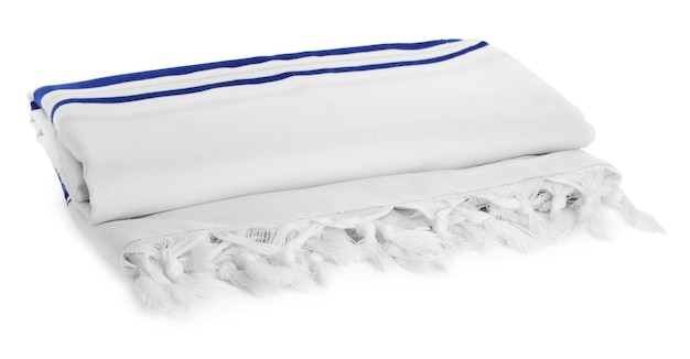 Tallit isolato su bianco Indumento per la celebrazione di Rosh Hashanah