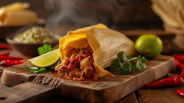 Tamale appena aperto la sua masa morbida e umida rivela un ripieno ricco e salato sullo sfondo che celebra l'essenza tradizionale di questo bel piatto