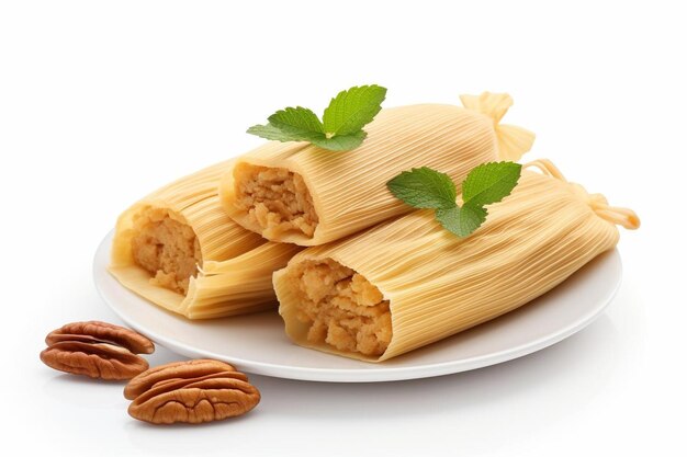 Tamales di mais e pollo messicani isolati su sfondo bianco