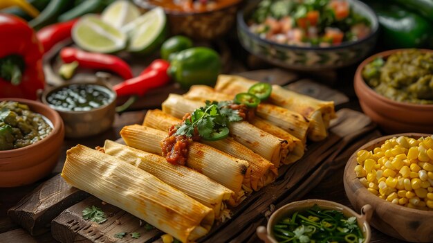 Tamales di mais salati con salsa e jalapeno serviti su una tavola di legno rustica generata dall'AI